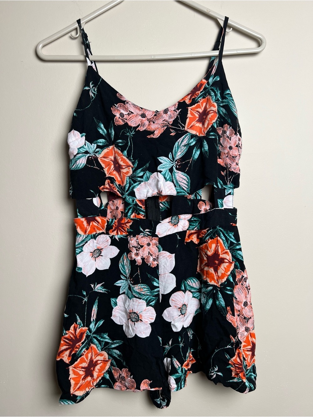 Charlotte Russe medium Black Floral One-Piece Romper with Pink & Orange Flowers